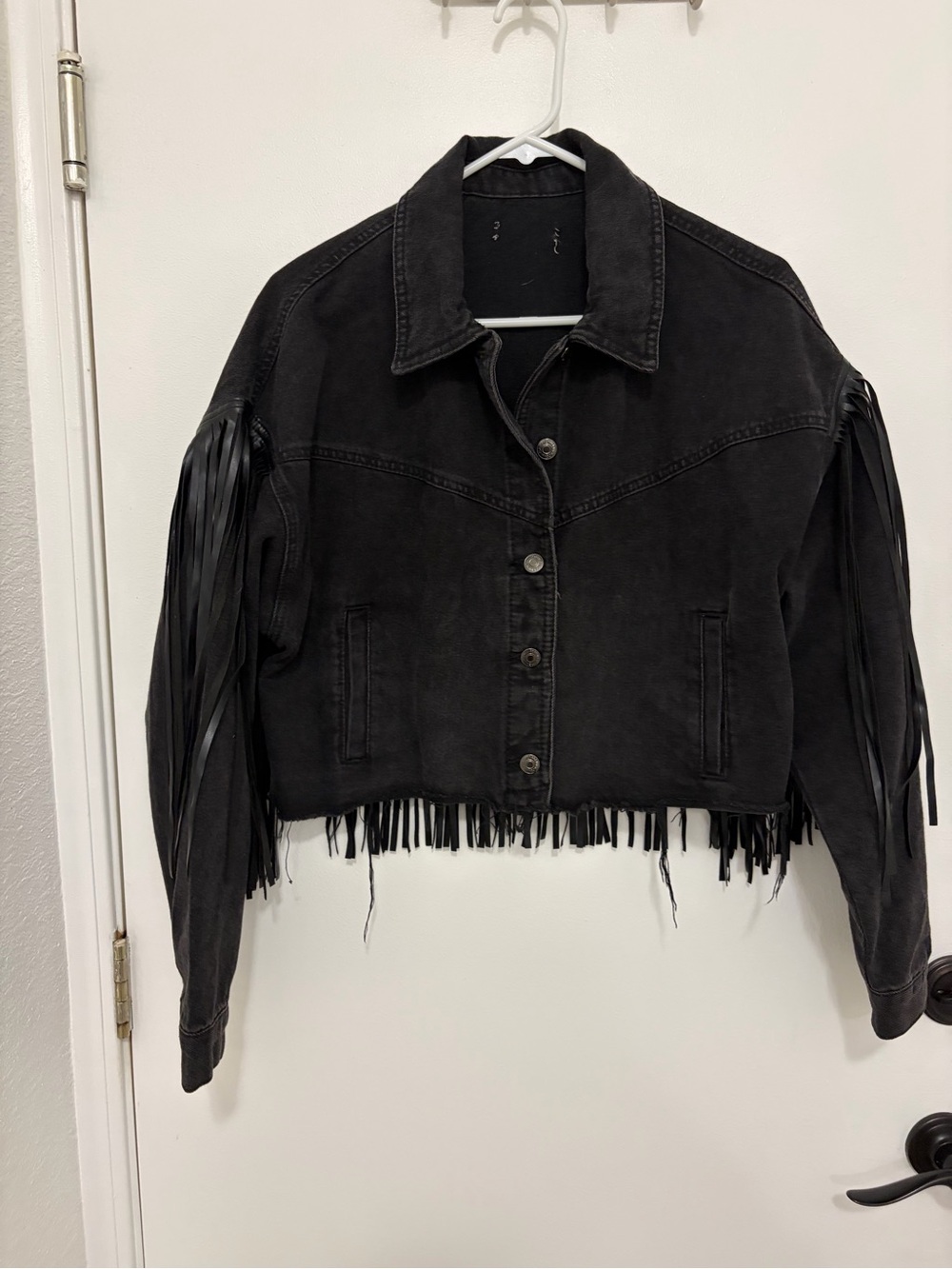 Black Fringe Denim Jacket - Women's Cropped Trucker